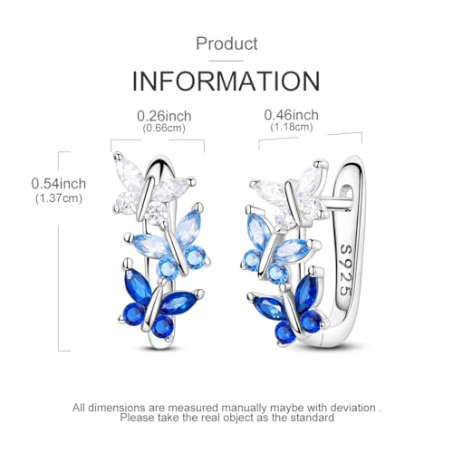 Parmuz 925 Sterling Silver Butterfly Huggies Hoop Earrings for Woman | Gold Plated Cubic Zirconia Star Moon cross Twisted huggie Hoop Post Chunky Small Tiny cuff Snake Heart Earring Gift for Her - color: light blue