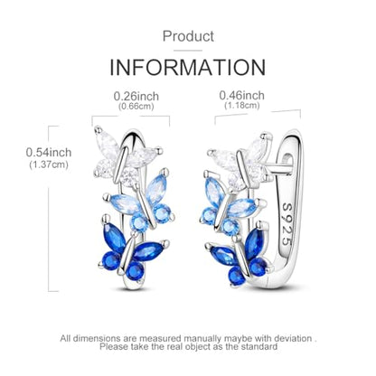 Parmuz 925 Sterling Silver Butterfly Huggies Hoop Earrings for Woman | Gold Plated Cubic Zirconia Star Moon cross Twisted huggie Hoop Post Chunky Small Tiny cuff Snake Heart Earring Gift for Her - color: light blue