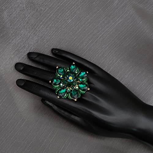 Flower Shape Crystal Cocktail Stretch Ring Party Prom Floral Statement Elastic Ring for Women - color: 2RI255-emerald-gold tone