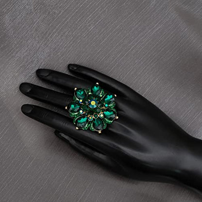 Flower Shape Crystal Cocktail Stretch Ring Party Prom Floral Statement Elastic Ring for Women - color: 2RI255-emerald-gold tone