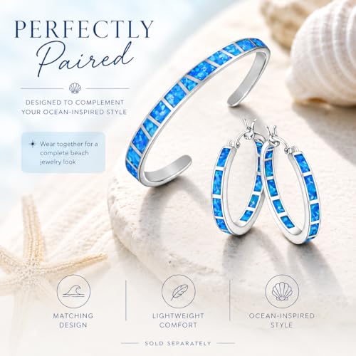 Blue Fire Opal Hoop Earrings for Women – Silver-Plated Inlay Hoops – Lightweight Boho Earrings – Ocean Style Jewelry Gift