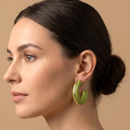 Gold Plated Resin Chunky Hoop Earrings Hypoallergenic Push Back Hoops for Sensitive Ears - color: lime green