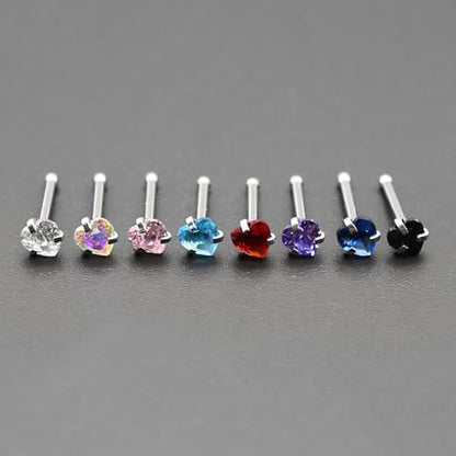 6-Piece Nose Piercing Studs Set, 20G Stainless Steel Nose Studs, 3mm Crystal Heart Star Round Shapes, 0.8x7mm Bone - color: Dark Blue