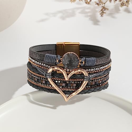 Fuqimanman2020 Heart Leather Wrap Bracelets Boho Stackable Cuff Bangles Resin Stone Rhinestone Bracelets with Clasp Christmas Jewelry Gift for Women - color: Dark Grey