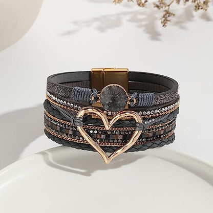 Fuqimanman2020 Heart Leather Wrap Bracelets Boho Stackable Cuff Bangles Resin Stone Rhinestone Bracelets with Clasp Christmas Jewelry Gift for Women - color: Dark Grey