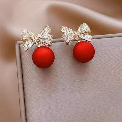 Gold Bow Earrings for Women, Long Tassel Chain Drop Earrings, Trendy Small Bow Earrings, Ribbon Waterfall Dangling Earrings, Pearl Bow Earrings, Sparkly Elegant Bowknot Preppy Jewelry Gifts for Women - color: Red-Q