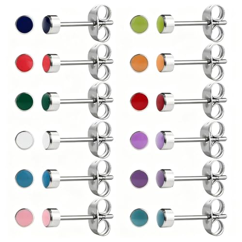 12 Pairs 18K Gold Plated Surgical Stainless Steel Stud Earring Cubic Zirconia CZ Multicolor Birthstone Stud Earrings Set - style: silver enamel 4mm