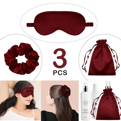 3Pcs Satin Eye Mask Silk Sleep Masks Set Silky Blindfold Eyeshade Blackout Eyes Cover Pouches Bag Scrunchy Wedding Gift - color: Burgundy