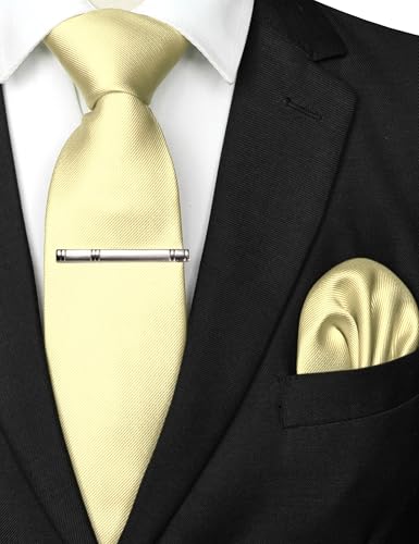 JEMYGINS Solid Color Formal Necktie and Pocket Square Tie Clip Sets for Men - color: Light Yellow