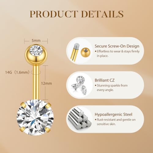 CZ Belly Button Rings for Women Surgical Stainless Steel Jewelry - color: Gold