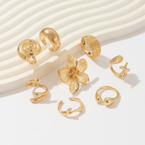 Gold Rings for Women Non Tarnish Boho Stackable Adjustable Open Rings Set Finger Knuckle Stacking Ring Packs Jewelry Gift - color: Gold Chunky Starfish Rings 8Pcs