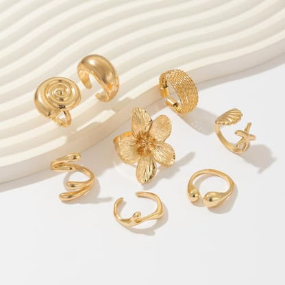 Gold Rings for Women Non Tarnish Boho Stackable Adjustable Open Rings Set Finger Knuckle Stacking Ring Packs Jewelry Gift - color: Gold Chunky Starfish Rings 8Pcs