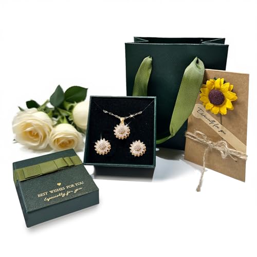 Rotating Sunflower Necklace & Earrings Jewelry Set for women| Gold coating Titanium Alloy with Sparkling Cubic Zirconia| Jewelry box +Tote Bag +3D Card |Gift for Birthday, Anniversary or Mother's Day - color: SpinningSun