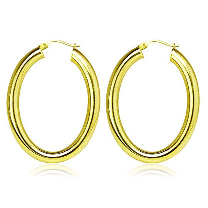 Hoops & Loops 925 Sterling Silver 4mm Thick Oval Diamond-Cut Hoop Earrings, 25mm 30mm, Silver, Yellow Gold, Rose Gold & Black - color: Yellow Gold 30mm-1.2''