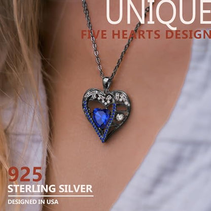 5 Heart I Love You Necklace for Women, Birthstone Crystal Pendant, Birthday Gift for Her, Wife, Mom, Rose Gold or Gunmetal Plated, 925 Sterling Silver Chain 18"+2" - color: 19-September-Sapphire Blue-GunMetal Plated