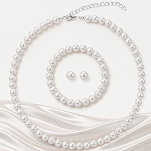 3Pcs White Faux Pearl Jewelry Set for Women – Pearl Necklace Earrings Bracelet Set for Wedding Bridal Birthday Tea Party Gift