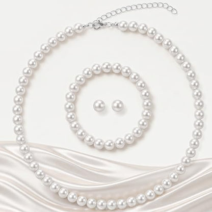 3Pcs White Faux Pearl Jewelry Set for Women – Pearl Necklace Earrings Bracelet Set for Wedding Bridal Birthday Tea Party Gift