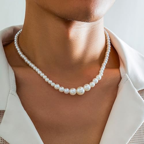 Gold/Silver Pearl Necklace for Men Faux Pearl Choker Necklace Beaded Adjustable Chain Gothic Chunky Beaded Statement Hip Hop Rock Party Festival Collar para Hombre Fashion Jewelry Gift for Men - style: Style-D