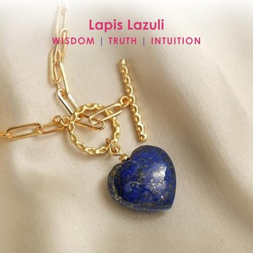 Gempires Gemstone Heart Pendant Necklace for Women, Gold Toggle Birthstone | Handmade gemstone heart pendant necklace — choose from 11 stones and birthstones, gold toggle paperclip chain. - color: Lapis Lazuli
