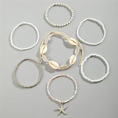 Bohemian Stackable Shell Beaded Ankle Bracelets for Women Colorful Boho Multi-Layer Seashell Gold Starfish Adjustable Handmade Braid Bracelet Summer Beach Holiday Accessories Gifts - color: Silver