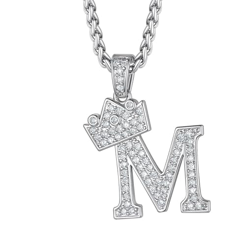 Richsteel Silver Crown Initial A-Z Letter Pendant Necklace for Men Women | Cubic Zirconia Monogram, 316L Steel Chain, 22" + 2" Extender,Hypoallergenic,Gift Box, Hip Hop Jewelry - style: M