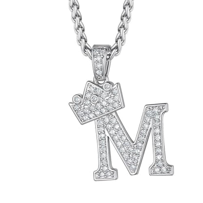 Richsteel Silver Crown Initial A-Z Letter Pendant Necklace for Men Women | Cubic Zirconia Monogram, 316L Steel Chain, 22" + 2" Extender,Hypoallergenic,Gift Box, Hip Hop Jewelry - style: M