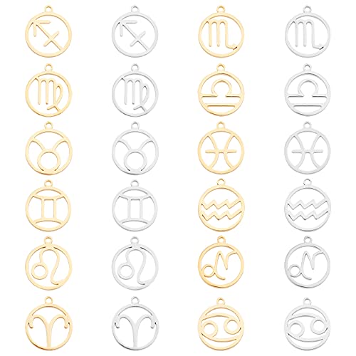 UNICRAFTALE 24pcs Zodiac Sign Charms Golden & Stainless Steel Color Round with Constellations Pendants Stainless Steel Pendants Metal Charms for Jewelry Making 18mm Long
