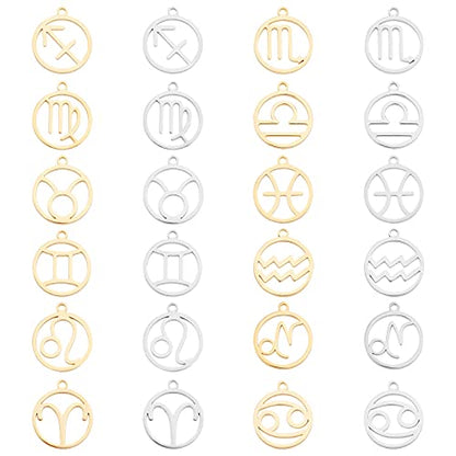 UNICRAFTALE 24pcs Zodiac Sign Charms Golden & Stainless Steel Color Round with Constellations Pendants Stainless Steel Pendants Metal Charms for Jewelry Making 18mm Long