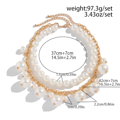 Chunky Gold Layered Big Pearl Beaded Statement Necklaces for Women | Large White Faux Pearls Beads Stack Choker Necklace Trendy Wedding Bridal Prom Statement Jewelry Formal Cluster Bib Necklace