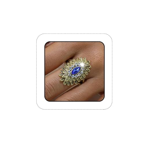 Boho Retro Rhinestone Ring Ethnic Big Flower Crystal Finger Ring Trendy Statement Tribal Indian Dance Costume Ring Jewelry for Women - color: Gold-blue