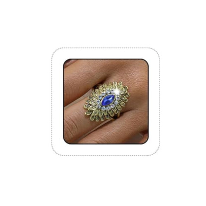 Boho Retro Rhinestone Ring Ethnic Big Flower Crystal Finger Ring Trendy Statement Tribal Indian Dance Costume Ring Jewelry for Women - color: Gold-blue