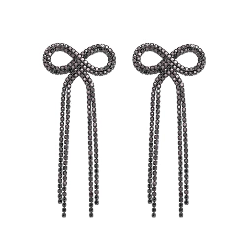 Rhinestone Earrings Dangling for Women Sparkly Silver Dangle Earrings Girls Long Chandelier Earrings Tassel Lightweight Ear Studs Cubic Zirconia (KE001S-W) - color: Bow 516286BK Coating Black