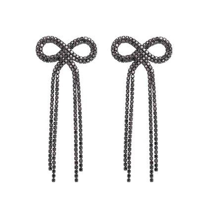 Rhinestone Earrings Dangling for Women Sparkly Silver Dangle Earrings Girls Long Chandelier Earrings Tassel Lightweight Ear Studs Cubic Zirconia (KE001S-W) - color: Bow 516286BK Coating Black