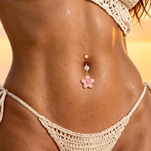 Flower Belly Button Ring for Women 14K Gold Plated Cubic Zirconia Navel Piercing Jewelry Stainless Steel CZ Crystal Charm Belly Ring Hypoallergenic Belly Bar for Women - color: Pnk