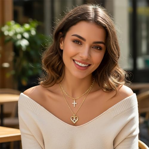 14K Gold Plated Layering Necklaces,Heart Initial Layered Necklace Cross Pendant Necklace Charm Personalized Stackable Jewelry Gift for Her - style: N