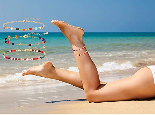 Boho Beaded Ankle Bracelet Beach 18 K Gold Plated Anklet Bracelets Handmade Colorful Seed Beads Butterfly Evil Eye Heart Link Chain Anklet Pack Cute Summer Foot Jewelry for Women - style: beaded ankle bracelet D set