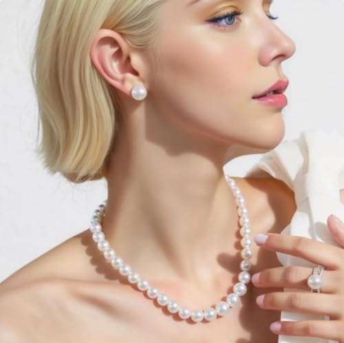 8mm 10mm Faux Pearl Necklace Earrings Set for Women White Black Round Glass Pearl Wedding Jewelry Gifts - color: White Pearl-Ear Clip Set, size: 8mm