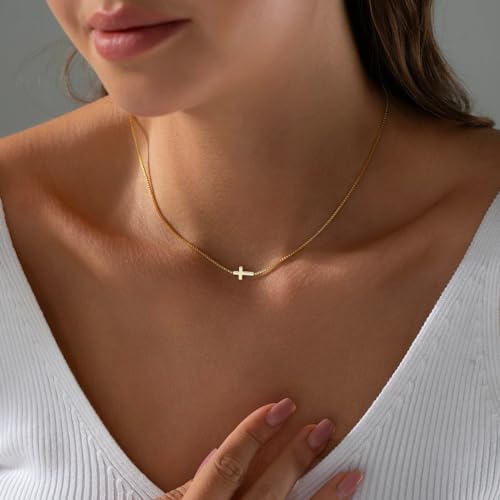 VIROMY Gold Cross Necklace for Women 14K Gold Plated Cute Sidways Cross Pendant Choker Necklaces Simple Trendy Everyday Jewelry for Women - style: Dainty Sideways-GD