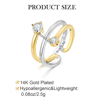 Two Tone Wrap Ring for Women Silver and Gold Plated Dainty Spiral Band with CZ Minimalist Open Rings Thin Around Bands Trendy Mixed Metal Jewelry