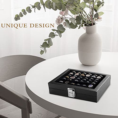 Ring Jewelry Organizer Box, 36 Slots Rings Display Storage Case Earring Showcase - Black Velvet Jewelry Stand Holder Tray with Transparent Glass Lid - Ideal Gift for Women Girl - size: 36 Slot