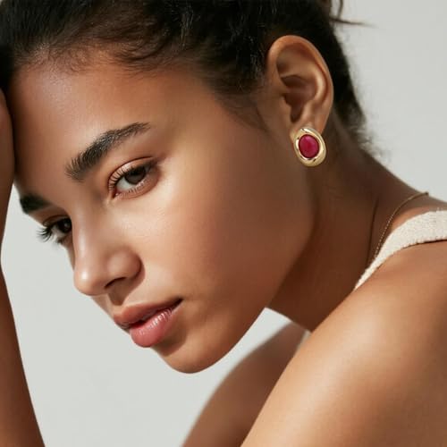 Jean Beau Chunky Gold Stone Stud Earrings for Women, Trendy Natural Gemstone Hypoallergenic Earing Valentine Jewelry Gift - color: Fuchsia