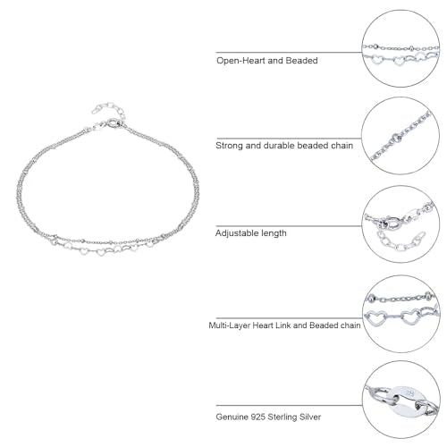 Vanbelle Sterling Silver Jewelry - Rhodium Plated with 925 Stamp - Interlinked Heart theme Anklet - handcrafted Double layered Chain Anklet for Women - 9" long + 1" extender