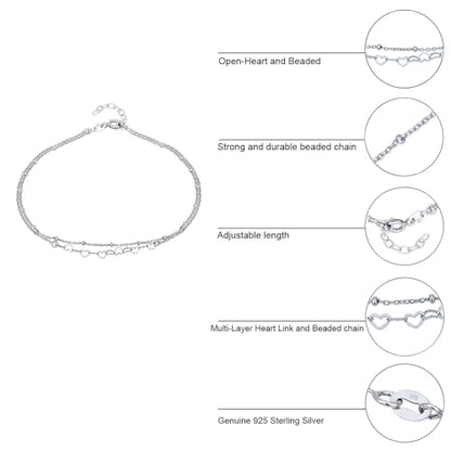 Vanbelle Sterling Silver Jewelry - Rhodium Plated with 925 Stamp - Interlinked Heart theme Anklet - handcrafted Double layered Chain Anklet for Women - 9" long + 1" extender