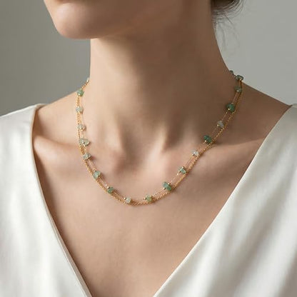 Harlermoon Natural Stone Layered Necklace for Women - 18K Gold Plated Stainless Steel Dainty Beaded Choker, Waterproof Tarnish Resistant Boho Summer Beach Jewelry Gift Box - color: Green