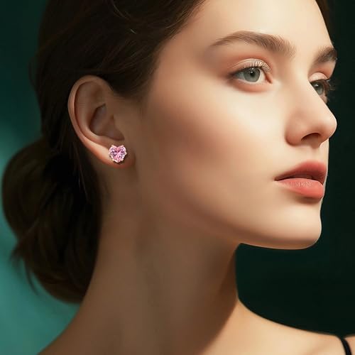 8mm Heart-Cut Birthstone Stud Earrings for Women – 18K Gold Plated Hypoallergenic Cubic Zirconia Earrings, Nickel Free, 12 Months Colors, Everyday Jewelry, Gift for Her, Bridal, Birthday, Christmas - color: 10 Oct pink