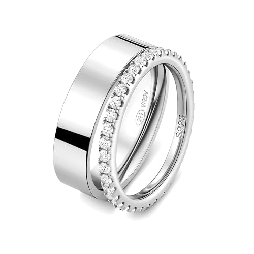 2 Pack Sterling Silver Eternity Ring & Gold Band for Women, 2mm CZ Stackable Wedding Engagement Promise Rings, Simple 5mm Plated Band, Size 5-10, Gift Jewelry Set - color: Silver, size: 8