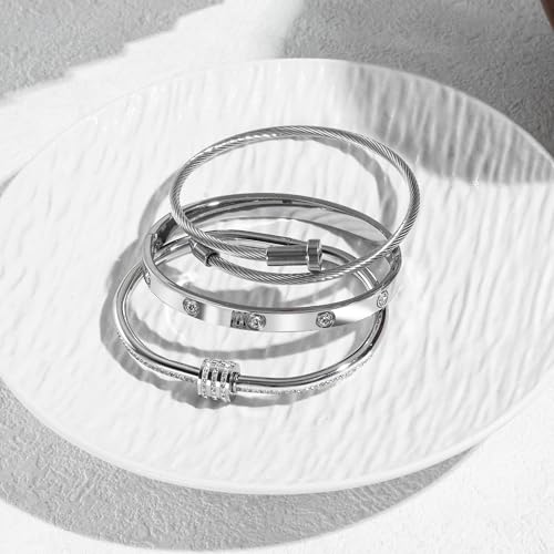 Women's Stainless Steel Bracelet Gold Plated Cuff Bangle With Cube Zircon Hinge Jewelry oval Bangle Witness the Gift of Love - color: 6mm Silver 3pcs-A