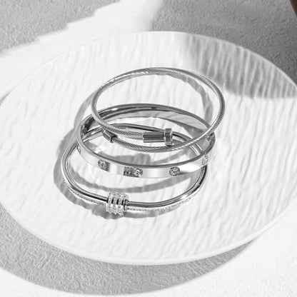 Women's Stainless Steel Bracelet Gold Plated Cuff Bangle With Cube Zircon Hinge Jewelry oval Bangle Witness the Gift of Love - color: 6mm Silver 3pcs-A