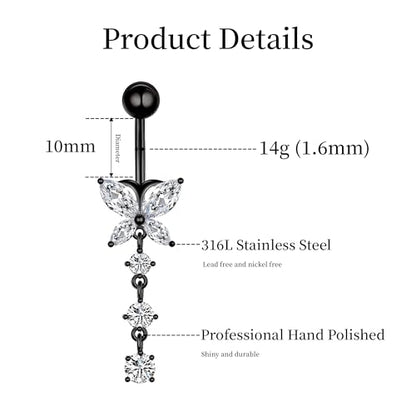 LEE&RO Belly Button Ring Dangle Stainless Steel Belly Rings 14G Belly Button Piercing Cute Navel Ring Belly Piercing Jewelry - style: 8Pcs-Black Tone