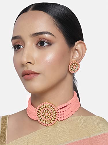Aheli Pearl Diamond Choker Necklace & Round Earrings Gift for Women Indian Traditional Bollywood Fashion Bharatanatyam jewellery set - color: Peach